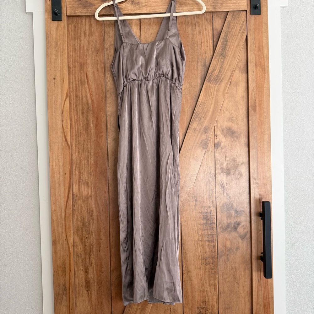 Satin V-Neck Taupe Midi Dress with Side Slit - Picture 3 of 3